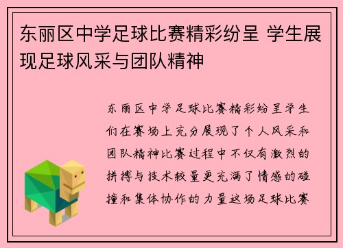 东丽区中学足球比赛精彩纷呈 学生展现足球风采与团队精神